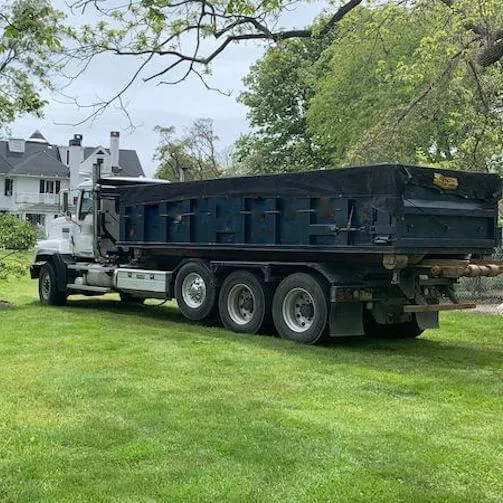 Image of roll off truck with bin on residential lawn